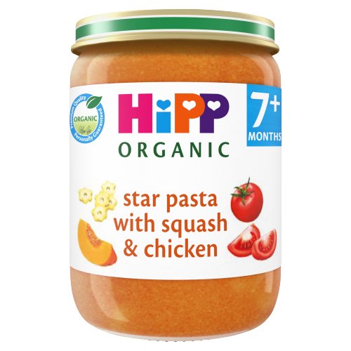 HIPP ORGANIC STAR PASTA WITH SQUASH CHICKEN BABY FOOD JAR 7+ MONTHS 190G
