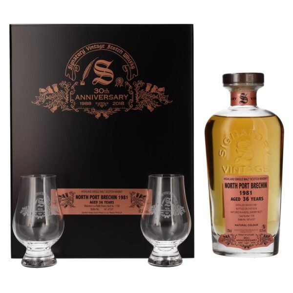 Signatory Vintage NORTH PORT BRECHIN 36 Years Old 30th ANNIVERSARY 1981 57,2% Vol. 0,7l in wooden box with 2 glasses