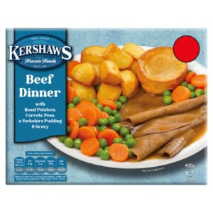 KERSHAWS HOMESTYLE BEEF DINNER WITH ROAST POTATOES, CARROTS, PEAS & A YORKSHIRE PUDDING PMP £2.75 400G