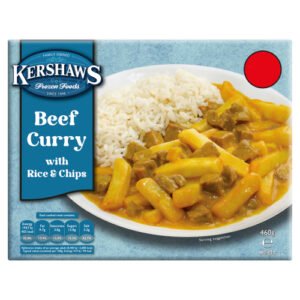 KERSHAWS CHIP SHOP BEEF CURRY WITH RICE & CHIPS PMP £2.75 460G