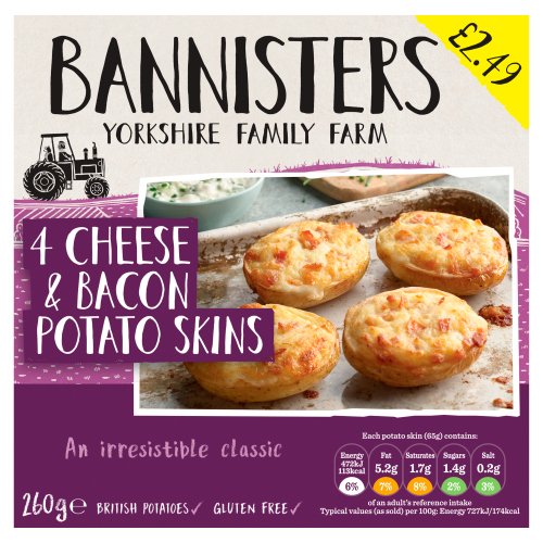 BANNISTERS FARM 4 CHEESE& ONION POTATO SKINS PMP £2.49 260G