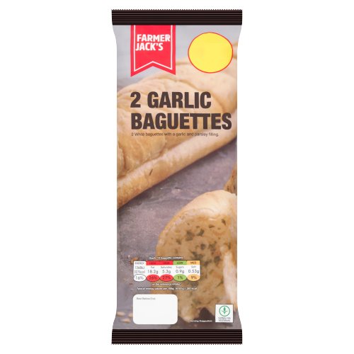 FARMER JACK'S 2 GARLIC BAGUETTES PMP £1.49 338G