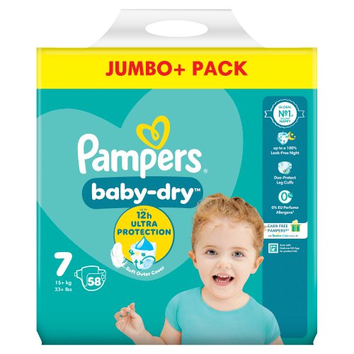 PAMPERS BABY DRY NAPPIES SIZE 7 JUMBO 58PK