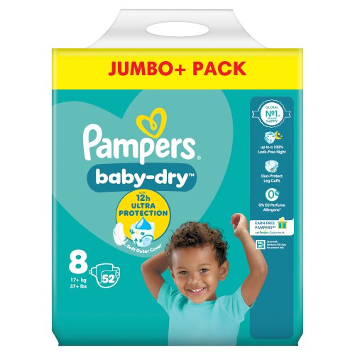 PAMPERS BABY DRY NAPPIES SIZE 8 JUMBO 52PK