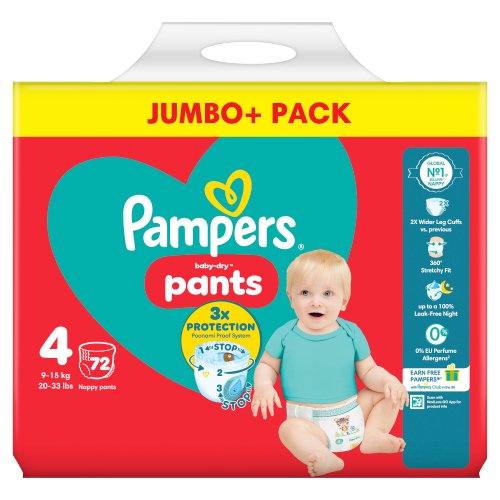 PAMPERS BABY DRY NAPPY PANTS SIZE 4 JUMBO 72PK